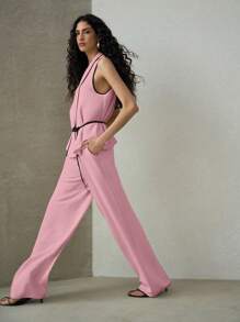 MOTF PREMIUM BELTED CONTRAST TRIM TOP & SLANT POCKET PANTS - Pink - View 5