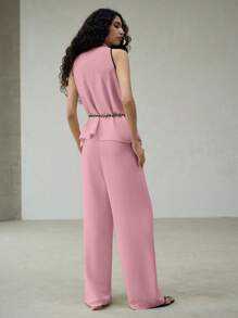 MOTF PREMIUM BELTED CONTRAST TRIM TOP & SLANT POCKET PANTS - Pink - View 7
