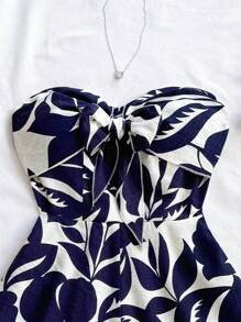 Soleia Women's Vacation Blue & White Printed Bandeau Jumpsuit With Twist Front, Loose Wide Leg Shorts, Suitable For Spring/Summer Beach, Cruise, Party, Date - Blue and White - View 6