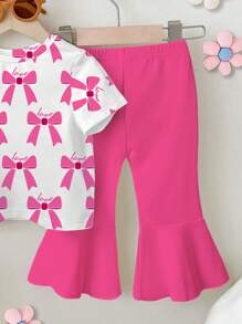 SHEIN Playful Pals 女婴休闲蝴蝶结印花圆领短袖 T 恤和喇叭裤套装，夏季 - 彩色 - 查看 3