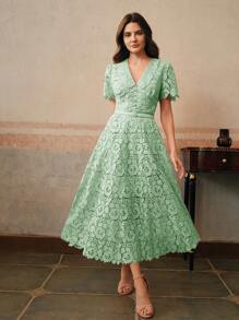 Anewsta 女式 V 领收腰优雅修身水溶性蕾丝中长连衣裙 - 綠色 - 查看 4
