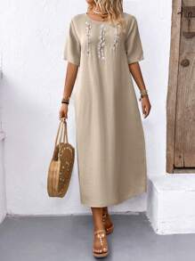EMERY ROSE Women's Casual A-Line Dress With Botanical Embroidery, Round Neck, Short Sleeves, Summer - Apricot - View 4
