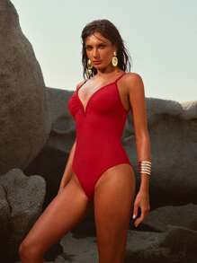 Anewsta Women's Elegant V-Neck One-Piece Swimsuit, Slimming Summer Style - Red - View 5