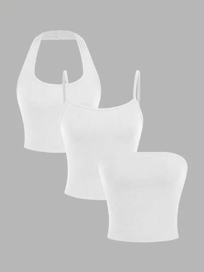 SHEIN EZwear 3 Pcs/Set White Basic Casual Sexy Camisole & Tube Top Summer