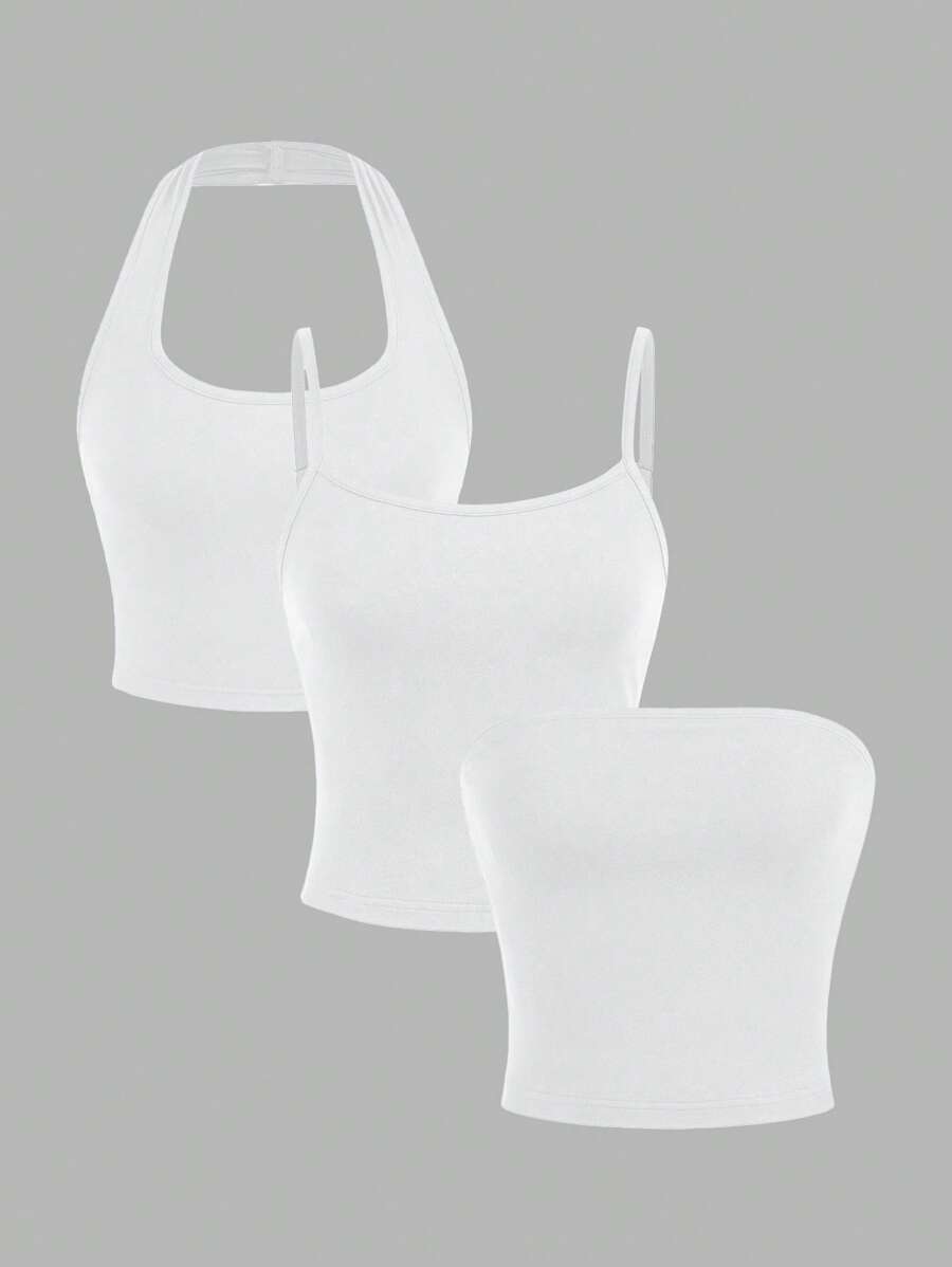 SHEIN EZwear 3件套白色基本款休闲性感吊带背心和抹胸夏季 - 白色 - 查看 1