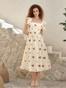 SHEIN MOD Square Neck Floral Backless Bohemian Dress, Elegant Casual, Beach, Western Style, Holiday Dress, Tea Party Dress, Vintage Dress, Women's Easter Dress, Graduation Dress