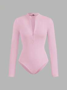 SHEIN EZwear 2pcs Women Zip-Up High Neck Tight Bodysuit Set, Casual Long Sleeve Fall Clothes - Multicolor - View 9