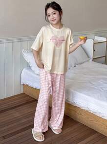 DAZY Tween Girl Knitted Print Short Sleeve T-Shirt + Allover Print Pants Pajama Sets, Spring/Summer - Yellow - View 5