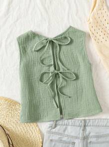 SHEIN Teens Girls' Casual Simple Comfortable Crew Neck Sleeveless Tie Front Design Blouse