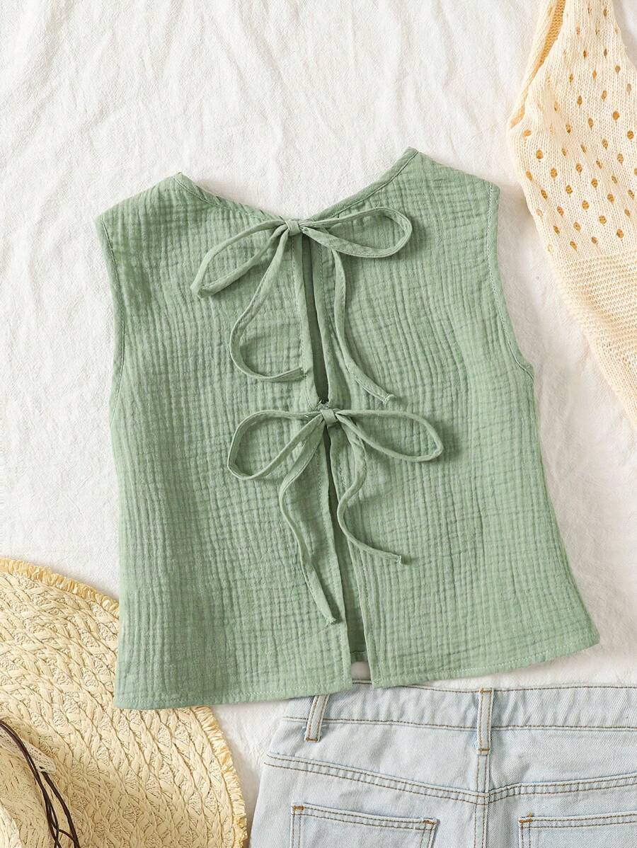 SHEIN Teens Girls' Casual Simple Comfortable Crew Neck Sleeveless Tie Front Design Blouse