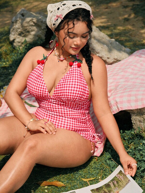Swim Mod Plus Size Women's Halter Spaghetti Strap One-Piece Swimsuit With Cherry Pattern, Casual Vacation Style