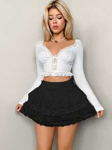 Sweetina Fitted Heart & Polka Dot Lace Layered Ruffle Hem Women Mini Skirt - Black - View 3