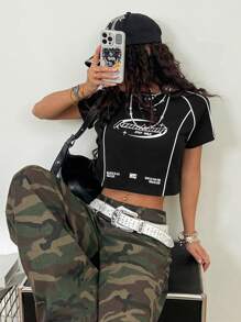 Coolane Damen Sommer Ausgehoutfit Partnerlook Grafiken Paspelierung Kurz Anliegendes Top - Schwarz - Übersicht 1