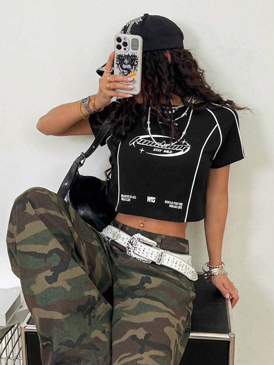 Coolane Damen Sommer Ausgehoutfit Partnerlook Grafiken Paspelierung Kurz Anliegendes Top - Schwarz - Übersicht 1