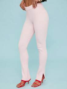 SHEIN Unity Pants Spring Ribbed Knit Pull-On Split Hem Pants Summer Festivals Modest Casual Pastel Thanksgiving Christmas NYE New Years Eve For Women - Pink - View 1
