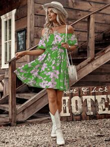 LanaWest Abito da donna con stampa floreale, scollo spalle scoperte, adatto per vacanze estive