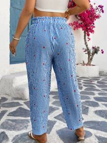 SHEIN VCAY Plus Size Holiday Casual Striped Heart Print Pants - Blue and White - View 2