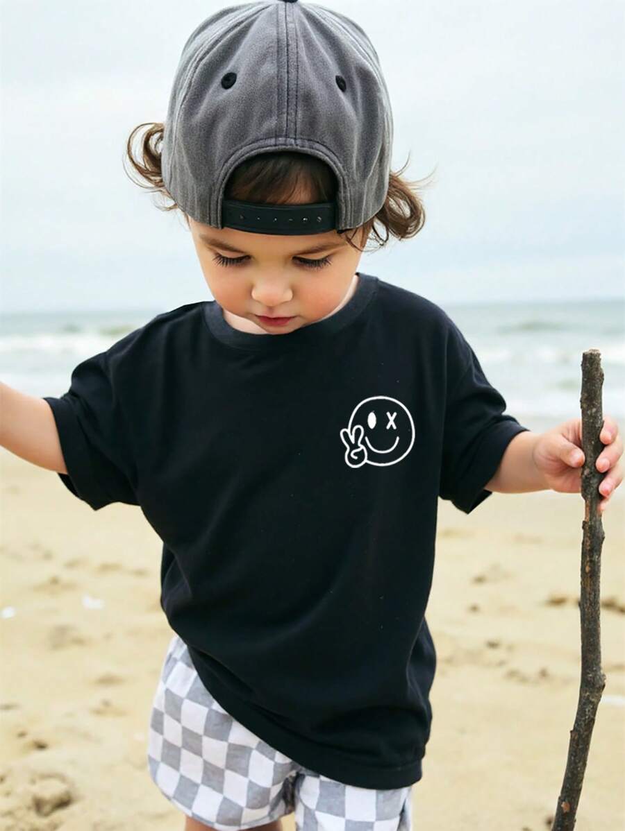 SHEIN Young Boy Basic Black Smile & Peace Sign Print Crewneck Short Sleeve T-Shirt, Summer Young Boys Summer Clothes