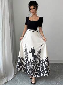 Elenzga 女士优雅合身收腰旗袍连衣裙，短袖，方领，腰带设计，新颖中式花卉印花 - 杏色 - 查看 5