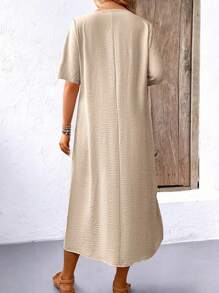 EMERY ROSE Women's Casual A-Line Dress With Botanical Embroidery, Round Neck, Short Sleeves, Summer - Apricot - View 2
