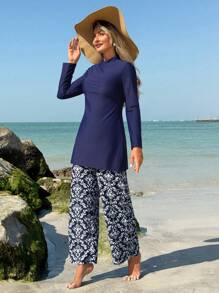 Swim Mulvari Women's Modest Elegant Vacation Solid Color Long Sleeve Top And Floral Print Bottoms Burkini Swimsuit Set For Summer - Multicolor - View 1