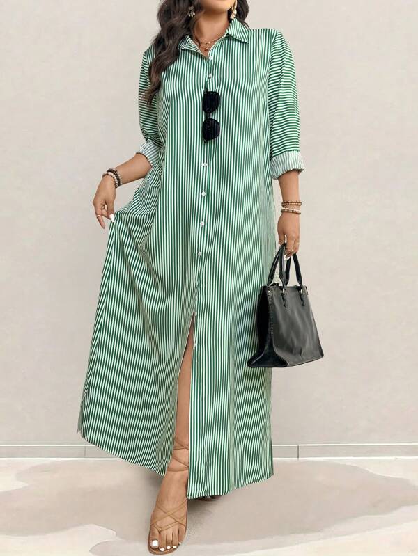 Linhara Plus Size Women's Vacation Style Extra Long Shirt Maxi Dress, Long Sleeve Shirt Dress, Color Block And Striped, Single-Breasted