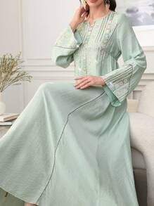 Al Najma Colorful Embroidered & Bead Decor Flare Sleeve Round Neck Maxi Arabian Dress, Modest