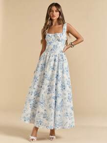 SHEIN BAE 夏季度假约会旅游连衣裙情人节连衣裙小碎花连衣裙野餐连衣裙优雅连衣裙 - 藍色 - 查看 7