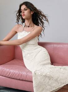 Chiquease Abito da donna con spalline a spaghetti e ricamo di paillettes, colore albicocca, stile da resort, adatto per feste, matrimoni, damigella d'onore
