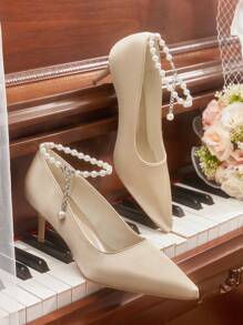 CUCCOO HITCHD Zomer Nieuwe Damesschoenen Parel & Strass Hanger Ketting Enkelbandje Puntige Teen Stiletto Kitten Heels, Elegante Intellectuele Klassieke Romantische Glamour Elegante Champagne Gouden Satijnen Bruidsjurk Bruiloft Feestjurk Pumps