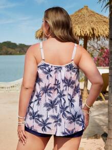 Swim Lushoire Plus Size Women's Summer Tropical Coconut Tree Print Tankini Top And Solid Color Boyshort Bottom Swimsuit 2Pcs Set