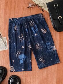 HARRY POTTER X SHEIN Tween Girl Soft High Stretch Jeggings In Navy With Golden Badge Pattern - Dusty Blue - View 2