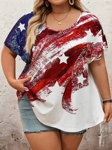 SHEIN CURVE+ Áo thun tay cánh dơi in hình cỡ lớn dành cho nữ, Áo thun in hình cờ, Kỳ nghỉ Boho, Ngày 4 tháng 7, Trang phục đi biển cho kỳ nghỉ ở nông thôn - Nhiều màu - Xem 3