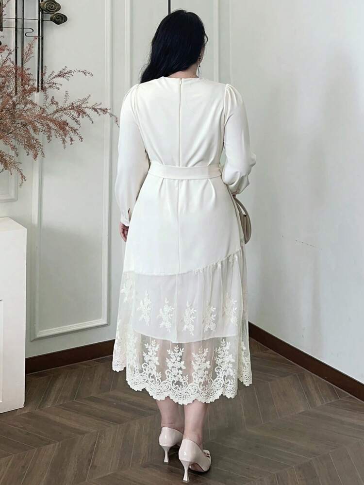 Dazy Plus White,Autumn,Elegant,Party,Wedding Guest Contrast Lace V-Neck Long Sleeve Milkmaid Dress Classy Solid Color Dress For Woman,Fall Women Clothes