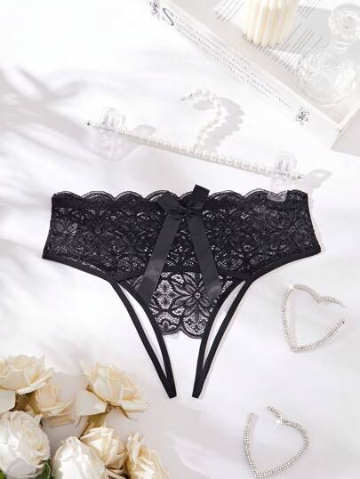 女士纯色性感蕾丝蝴蝶结装饰无裆内裤