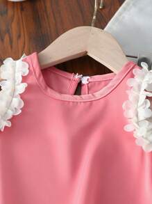 SHEIN 女婴时尚花卉蕾丝边休闲优雅套装，柔软面料，适合室内或室外活动，春夏季 - 彩色 - 查看 3