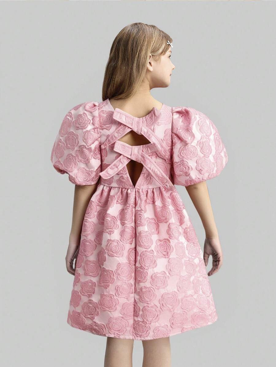 Ontre Tween Girls Loose & Comfy Party Bubble Sleeve Bow Decor Backless Design Textured A-Line Casual Solid Color Dress - Baby Pink - View 1