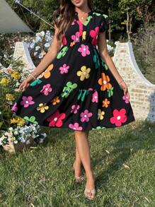 SHEIN Floral Print A-Line Waist Drawstring Casual Midi Maternity Dress - Multicolor - View 6