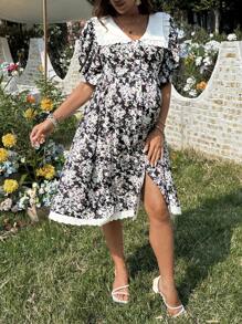 SHEIN Floral Print Frill Trim Maternity Dress With Short Sleeves - Multicolor - View 5
