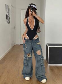 Coolane Damen Sommer Streetwear Outfit für Ausgehen, Urlaub, Strand, stretchiger tiefer V-Ausschnitt rückenfrei Träger Bodysuit