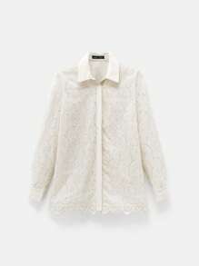 Maija Elegant Women's Apricot Long Blouse With Delicate Floral Eyelet Embroidery, Woven Fabric, Long Sleeves, Collared Neckline, And A Relaxed Casual Fit