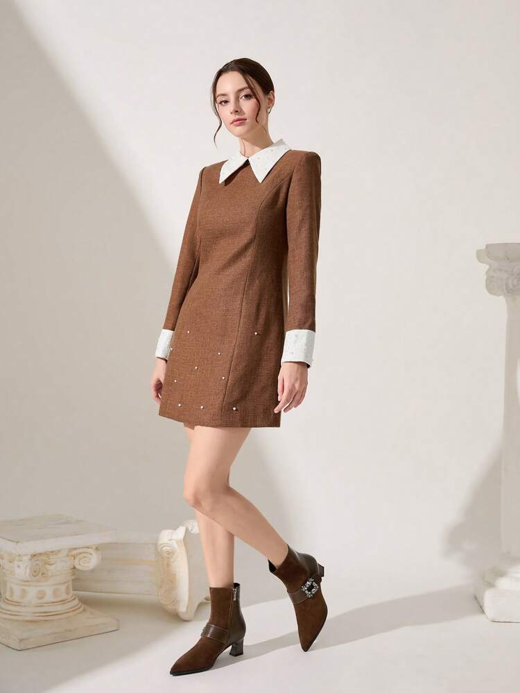 CUCCOO CHICEST Brown Rhinestone-Buckle Pointed Toe Chunky Heel Women Ankle Boots, Fashion Valentine's Day