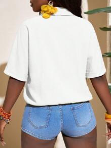 Slaydiva Áo sơ mi tay ngắn vải kết cấu màu cam mới - B, phong cách nghỉ dưỡng giản dị, mùa xuân/hè - trắng - Xem 2