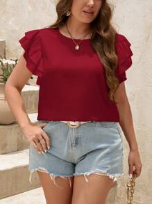 SHEIN Clasi Plus Size Women's Solid Color Crew Neck Ruffle Sleeve Casual Blouse - Burgundy - View 4
