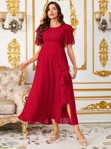 Loomaby Elegant Solid Color Ruffle Hem Side Slit Maternity Dress Baby Shower Maternity  Maxi Dresses Classy Outfits Red Dress Fairycore - Red - View 3