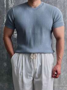 DAZY Summer Solid Ribbed Design Haze Blue Knitted Top For Men Business Attire - Dusty Blue - View 2