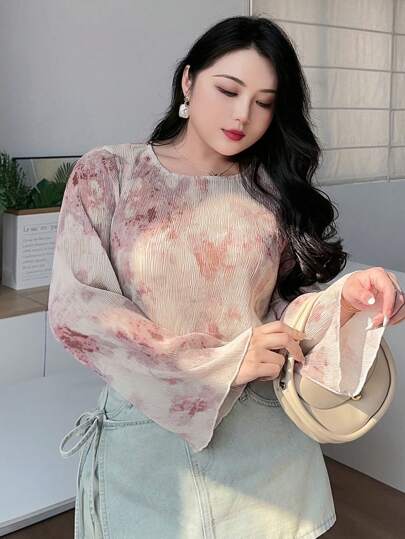 Dazy Plus Round Neck Floral Print Chiffon Bell Sleeve Elegant Long Sleeve Blouse, Suitable For Spring, Summer, Autumn,Fall Women Clothes