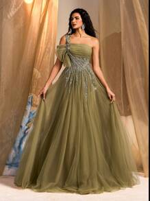 Glamrae Elegante e lindo vestido tutu de tule com apliques de lantejoulas e miçangas luxuosas verdes, bainha e cauda grandes, com babados, adequado para casamentos, despedidas de solteira, férias, bailes de formatura, jantares (design resistente), formais, vestidos de festa, vestidos longos, para noite, convidados de casamento - Verde de Exercício - Ver 3