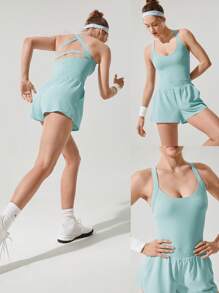 GLOWMODE Bộ đồ liền thân 6'' FeatherFit™-Air Runched Waist Crossover Back Side Pockets có quần short tích hợp, tay cầm chống trượt, chạy bộ, tập luyện tại phòng tập thể dục - Xanh lá cây Mù sương - Xem 9