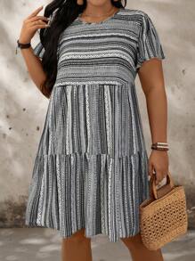 SHEIN LUNE Vestido de línea A de manga corta con volantes y rayas de colores para mujer de talla grande para el verano